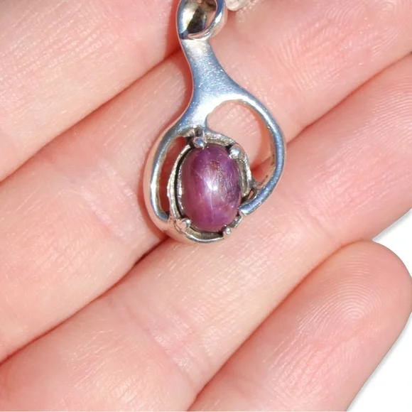 Vintage Genuine Star Ruby Sterling Silver Necklace Pendant Brutalist Modernist